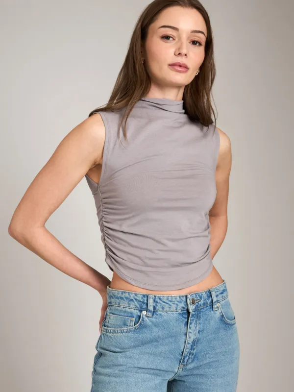 Shona Mock Neck Ruched Shell sold by Plenty