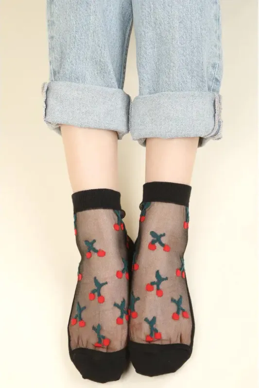 Cherry Embroidered Mesh Socks sold by Below the Belt