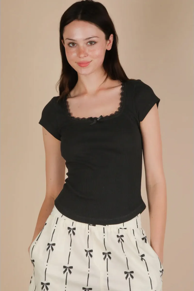 Lace & Bow Ribbed Top sold by Below the Belt