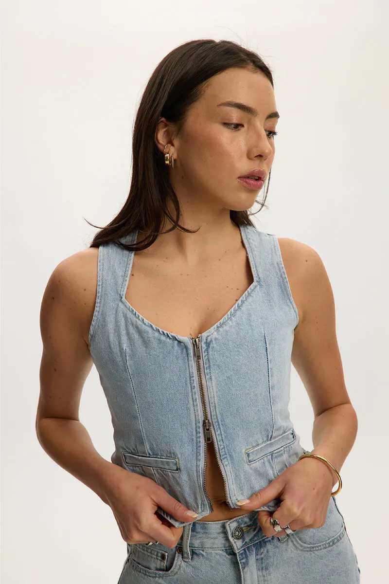 Vera Denim Vest sold by Below the Belt