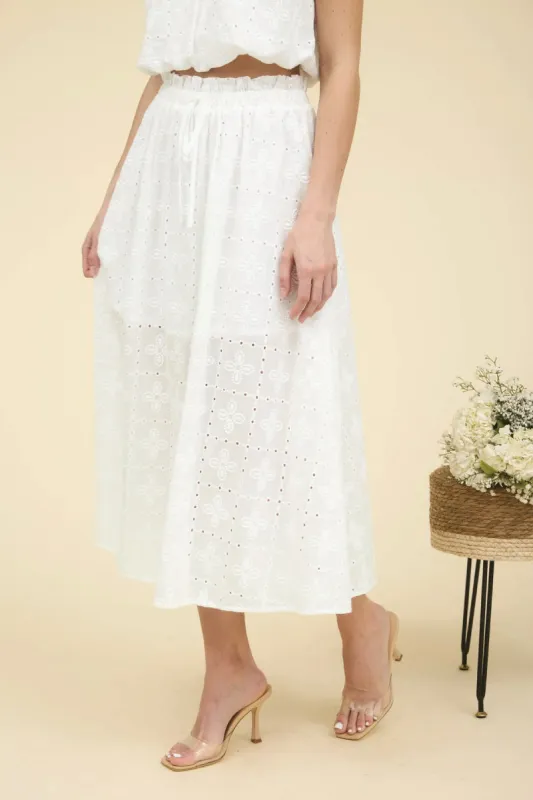 Eyelet Ruffle Midi Skirt sold by Below the Belt