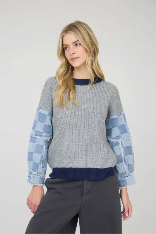 Check Denim Sleeve Sweater made by Blu Pepper