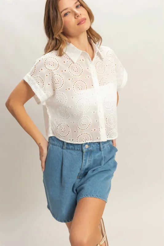 Eyelet Cropped Button Up made by Double Zero
