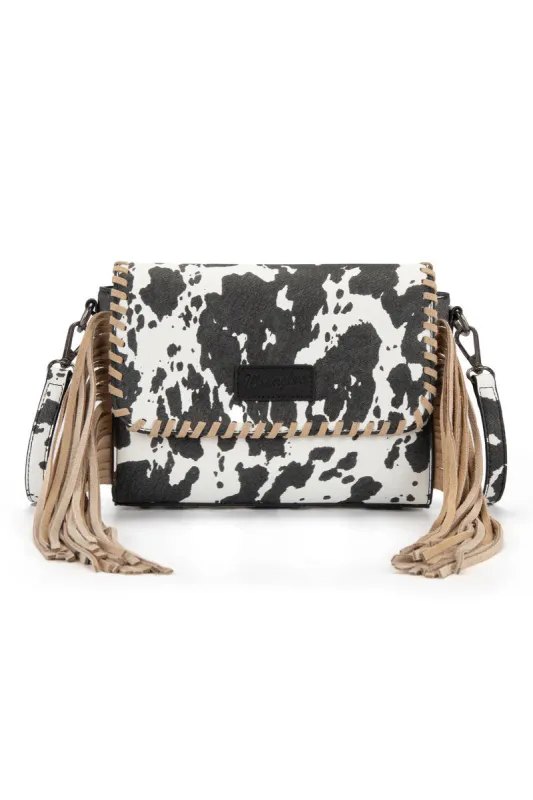 Cow Print Fringe Crossbody Bag made by Wrangler