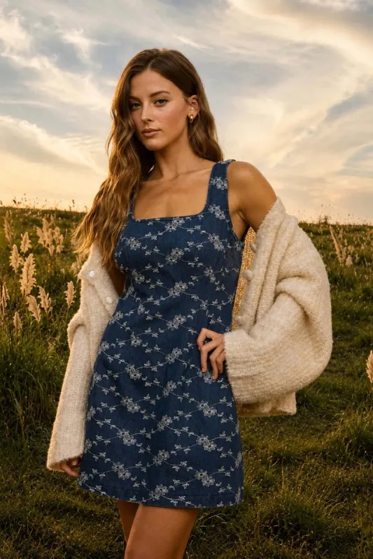 Floral Embroidered Denim Mini Dress made by Blu Pepper
