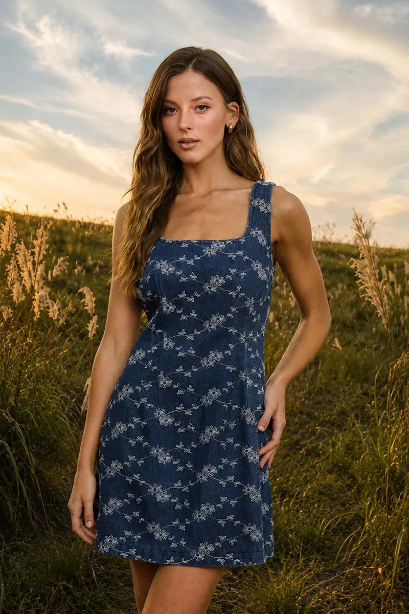 Floral Embroidered Denim Mini Dress sold by Below the Belt product image thumbnail 3