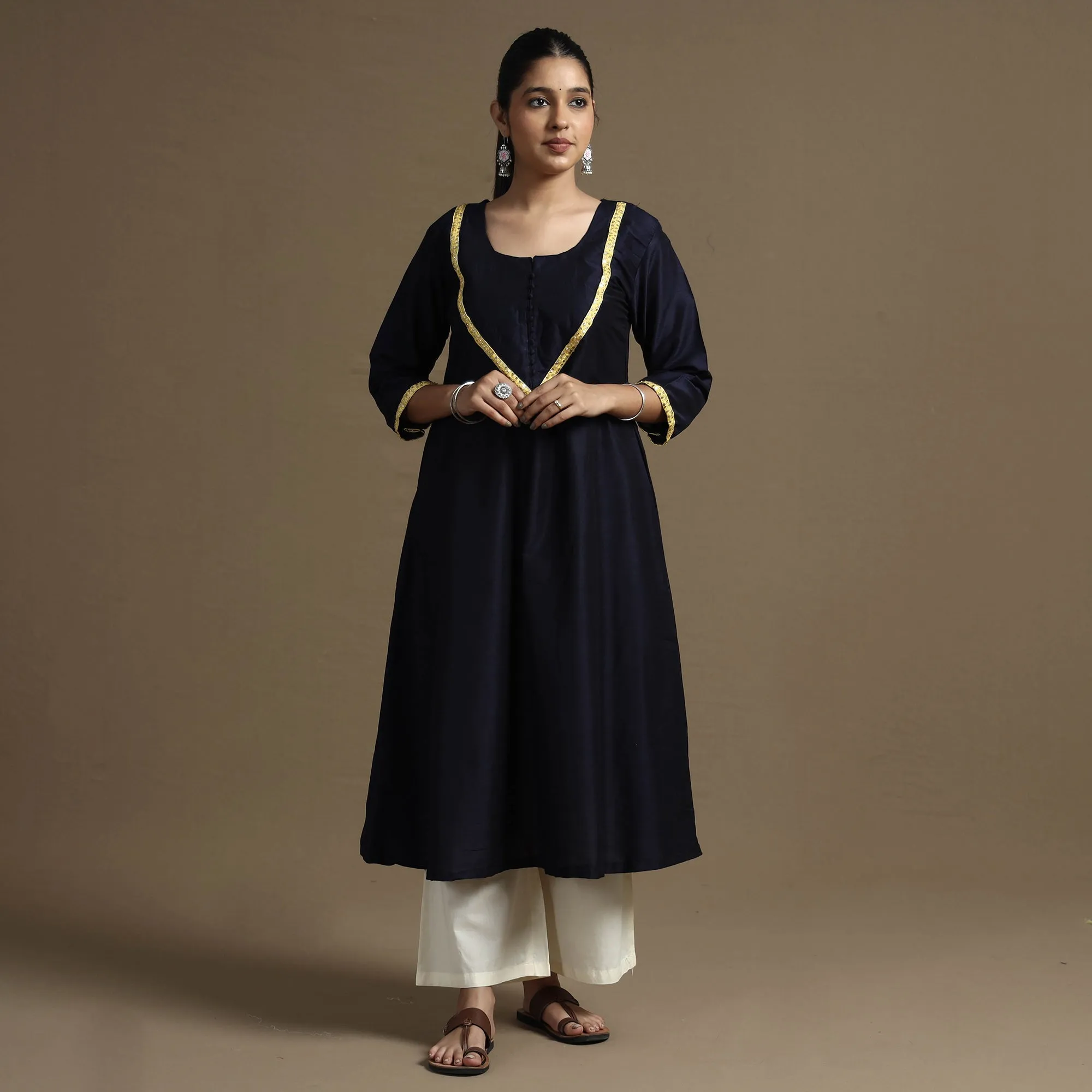 Navy Blue - Plain Solid Slub Silk Kurta with Beadwork Hand Embroidery Lace sold by Itokri product image thumbnail 3