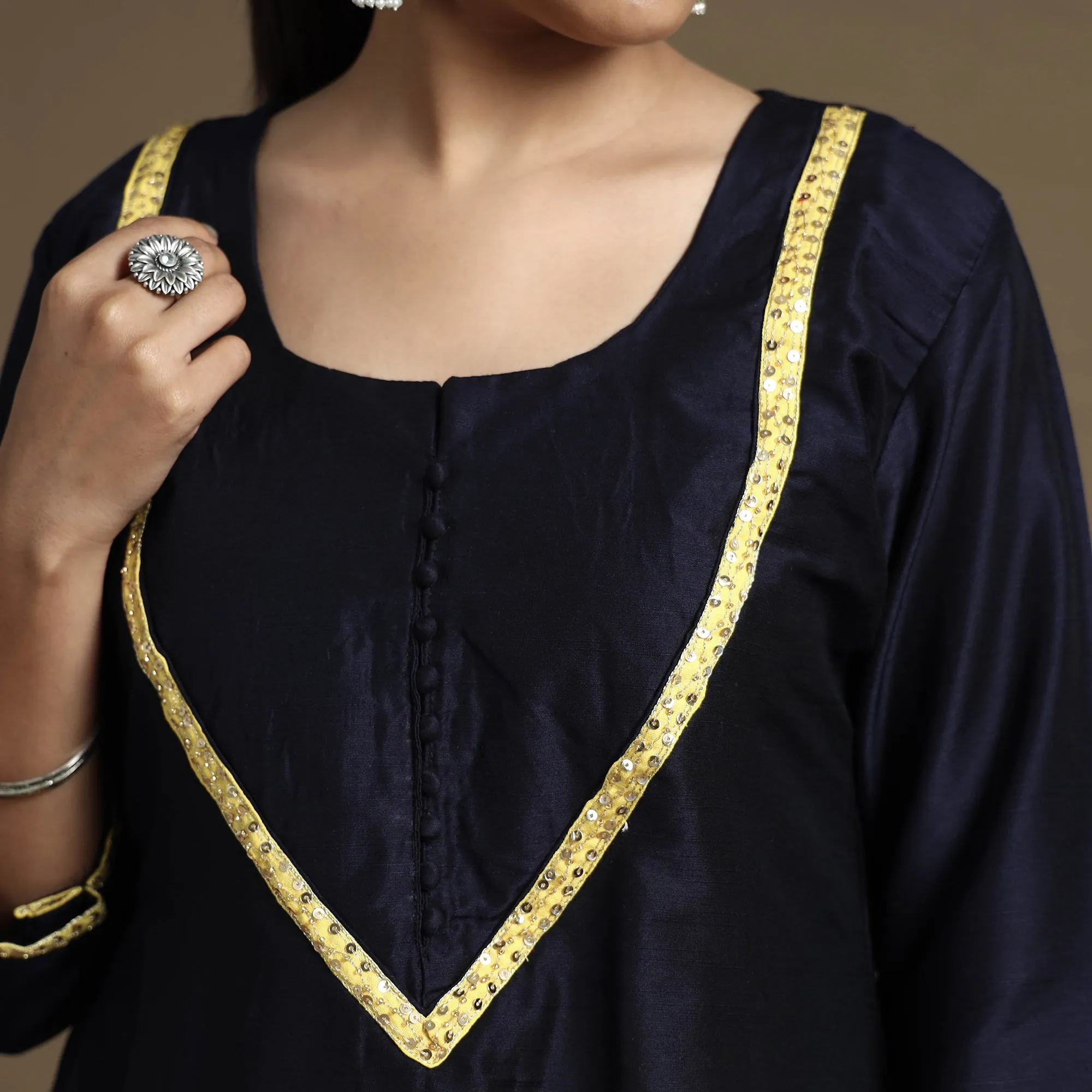 Navy Blue - Plain Solid Slub Silk Kurta with Beadwork Hand Embroidery Lace sold by Itokri product image thumbnail 4