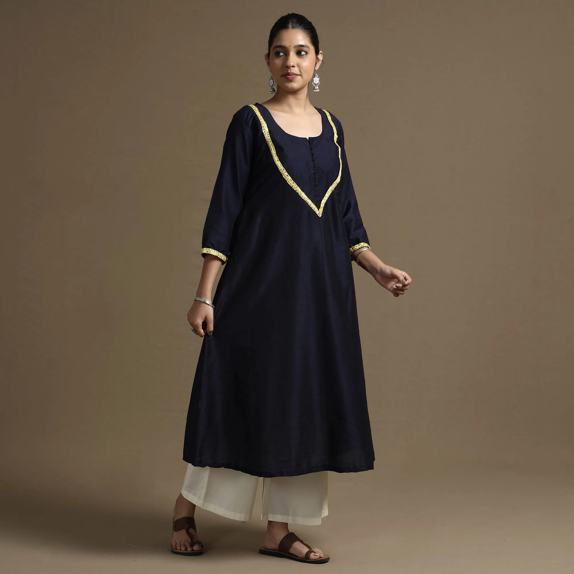 Navy Blue - Plain Solid Slub Silk Kurta with Beadwork Hand Embroidery Lace sold by Itokri product image thumbnail 2