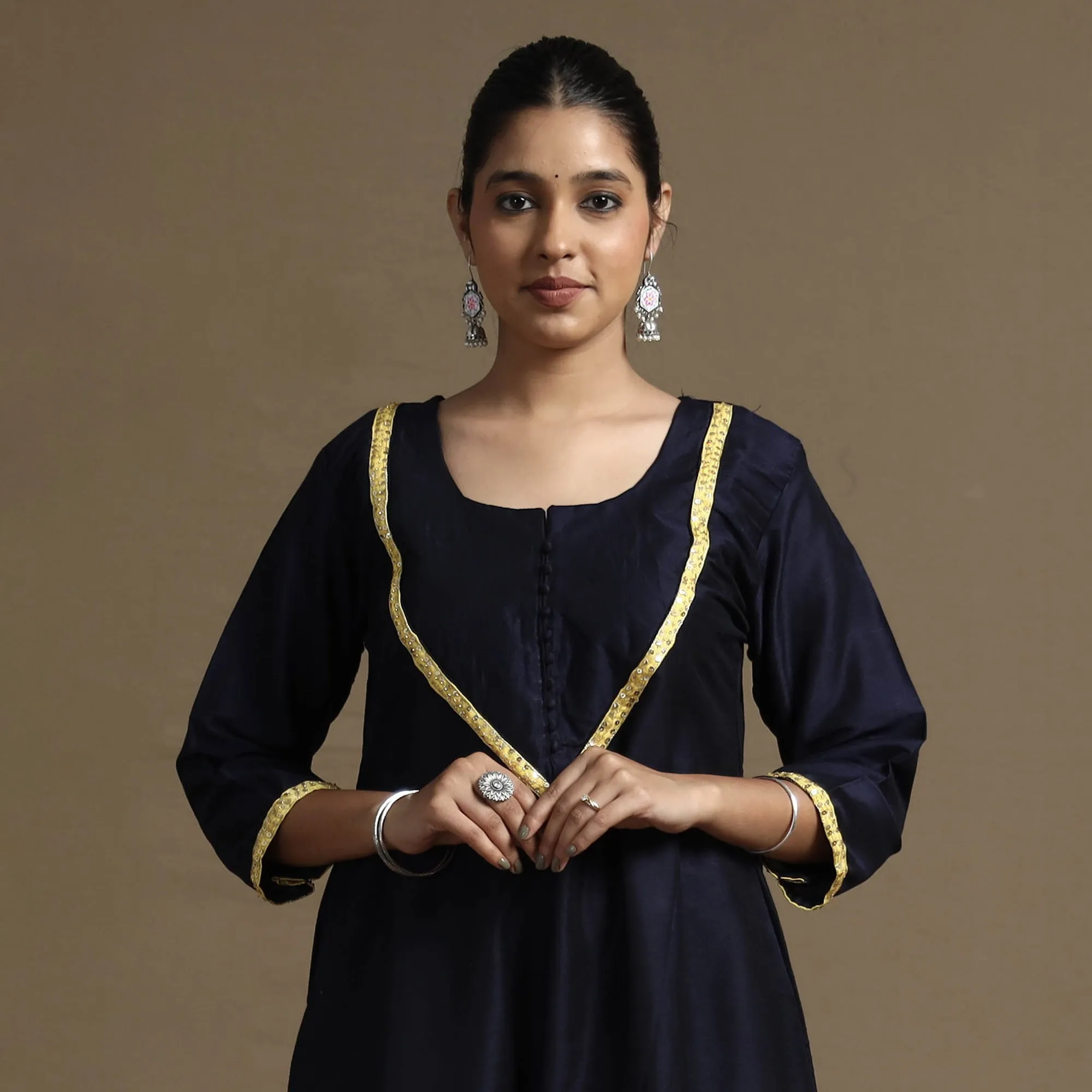 Navy Blue - Plain Solid Slub Silk Kurta with Beadwork Hand Embroidery Lace sold by Itokri