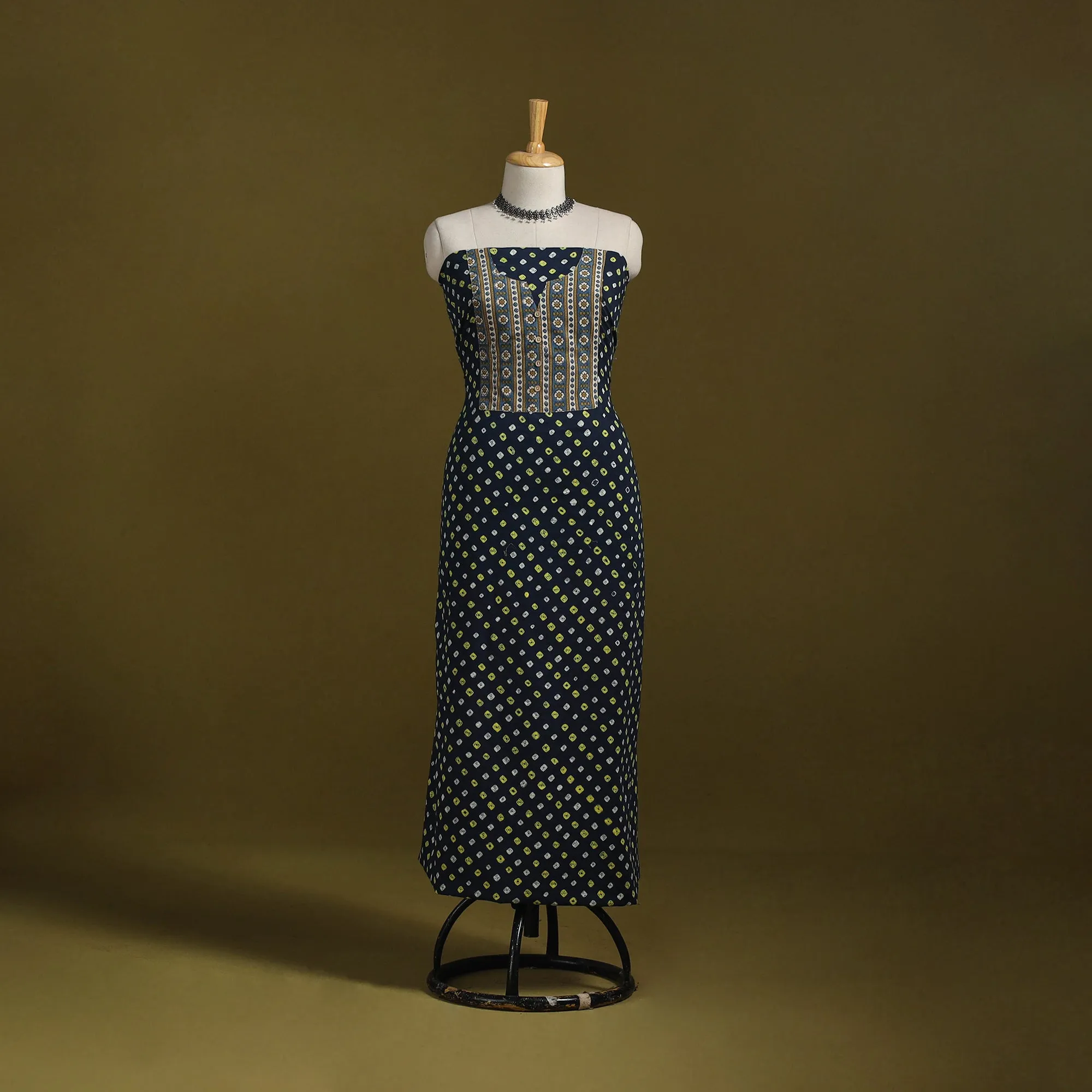 Blue - Bandhani Patchwork Cotton Unstitched Kurta Material (3m) 34 sold by Itokri