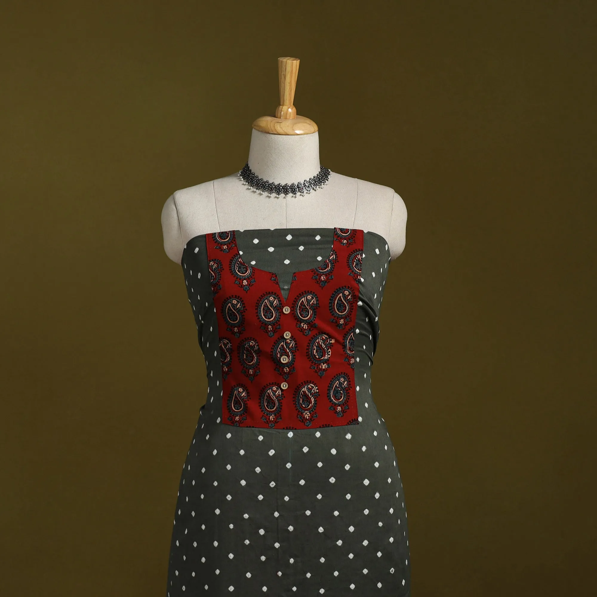 Grey - Bandhani Patchwork Cotton Unstitched Kurta Material (3m) 31 sold by Itokri product image thumbnail 2