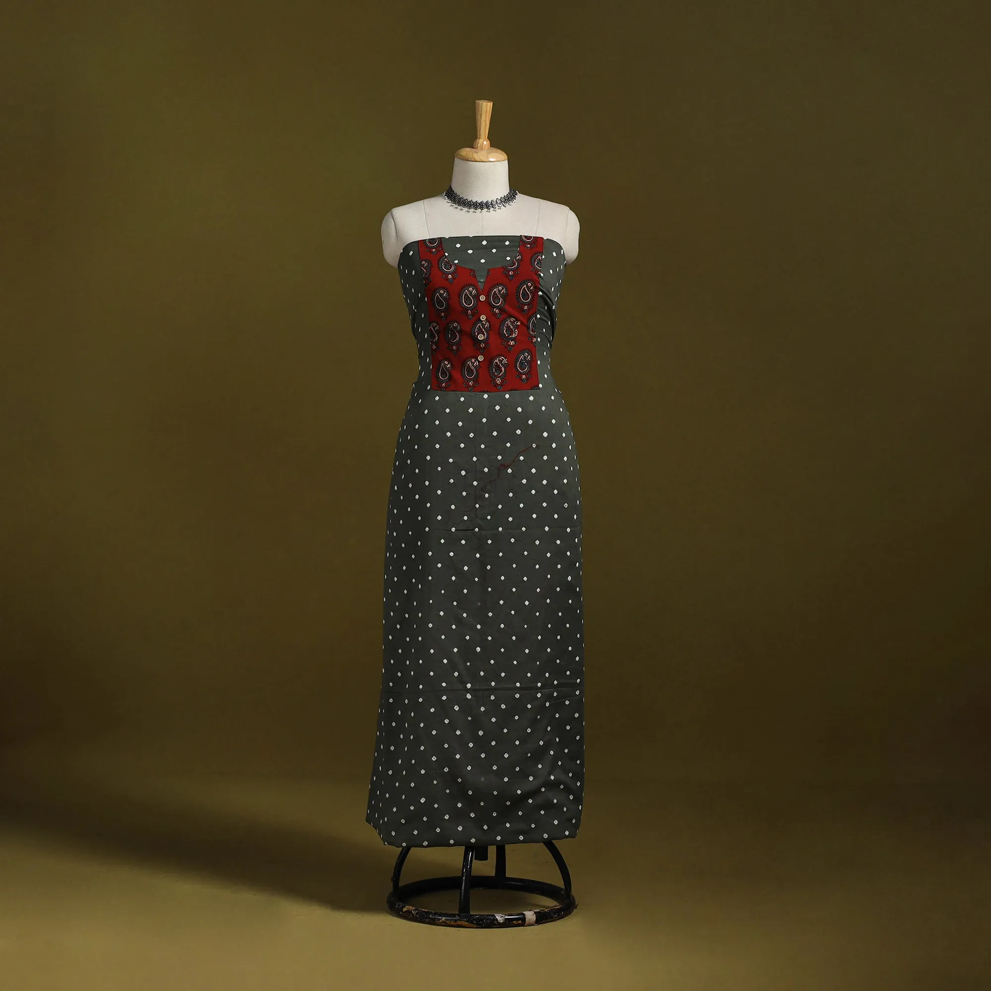 Grey - Bandhani Patchwork Cotton Unstitched Kurta Material (3m) 31 sold by Itokri