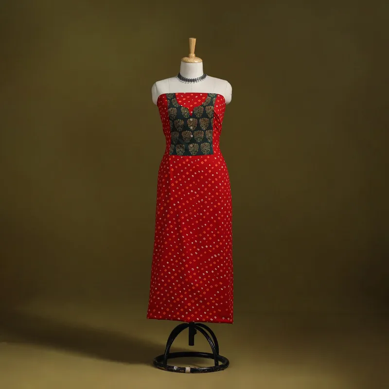 Red - Bandhani Patchwork Cotton Unstitched Kurta Material (3m) 17 sold by Itokri