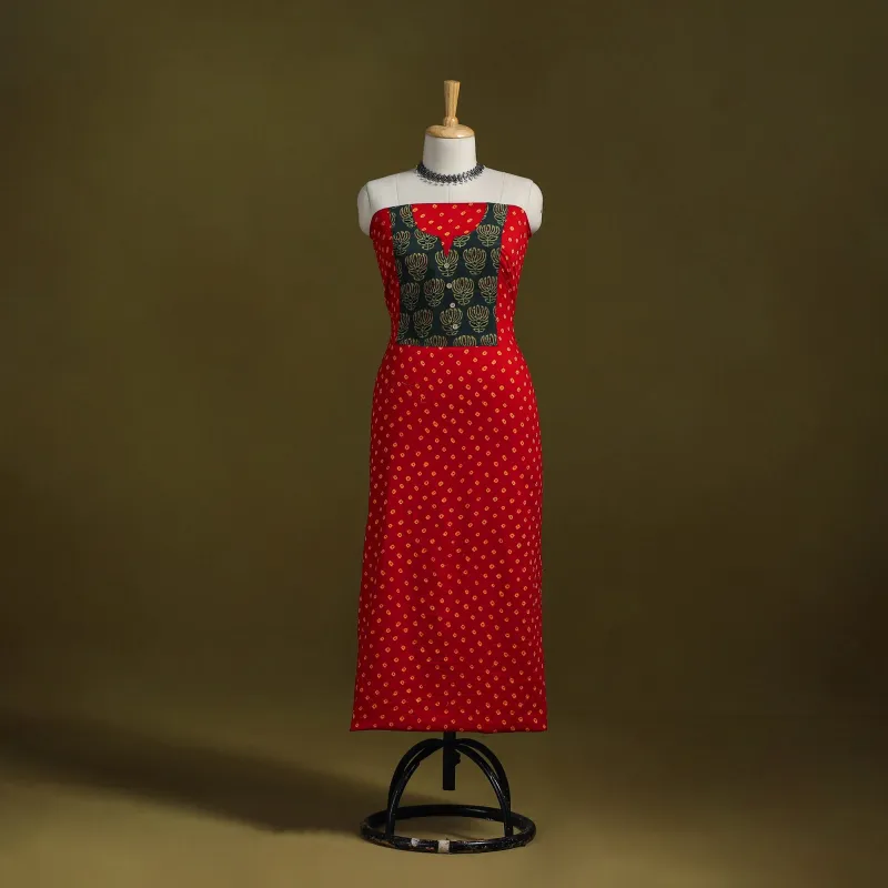 Red - Bandhani Patchwork Cotton Unstitched Kurta Material (3m) 13 sold by Itokri