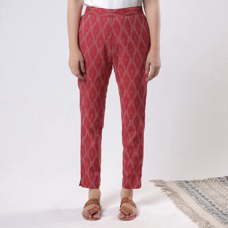 Red - Pochampally Ikat Cotton Tapered Casual Pant for Women sold by Itokri