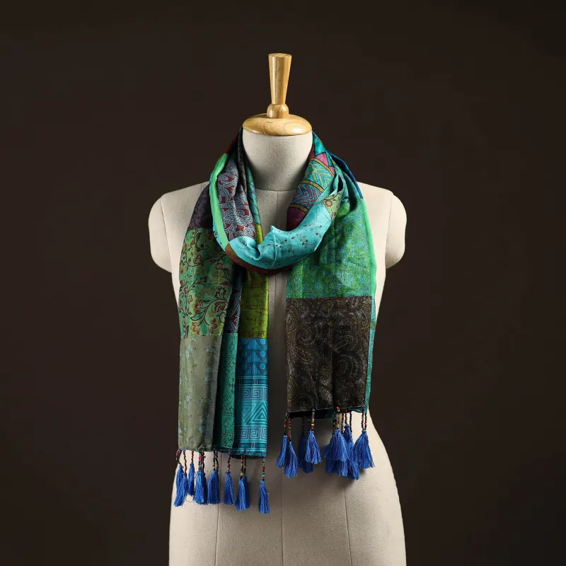Multicolor - Pure Silk Patchwork Stole with Tassels 48 sold by Itokri