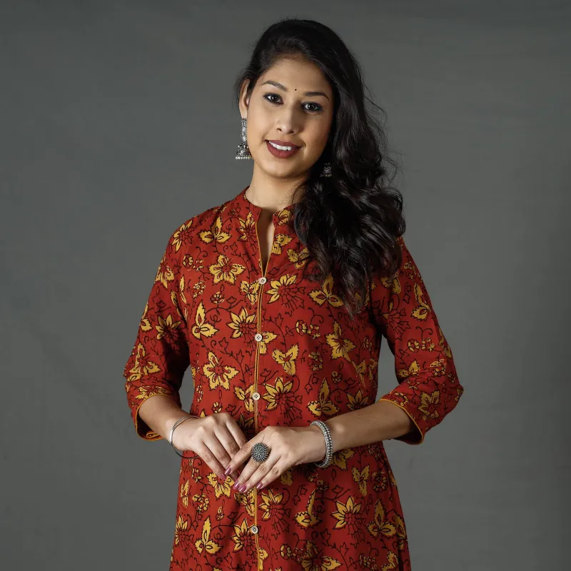 Red - Pipad Block Printed Cotton A-Line Long Kurta sold by Itokri