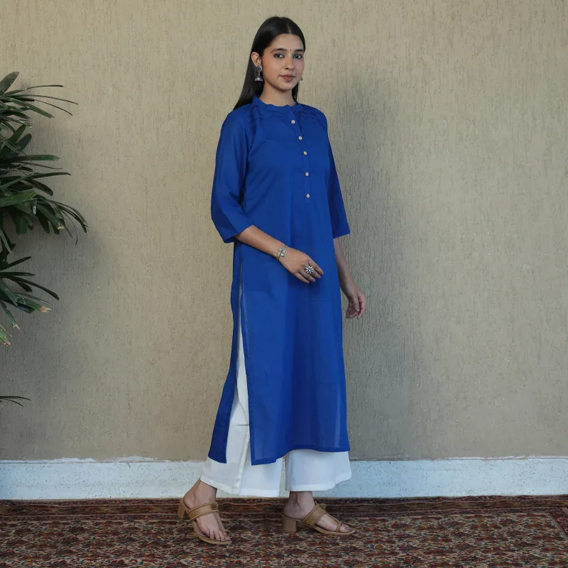 Blue - Mulmalai Cotton Plain Dyed Straight Kurta sold by Itokri