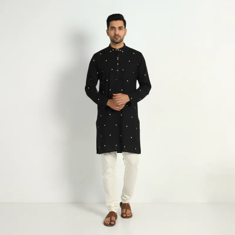 Black - Thread Buti Cotton Long Plain Kurta for Men 02 sold by Itokri