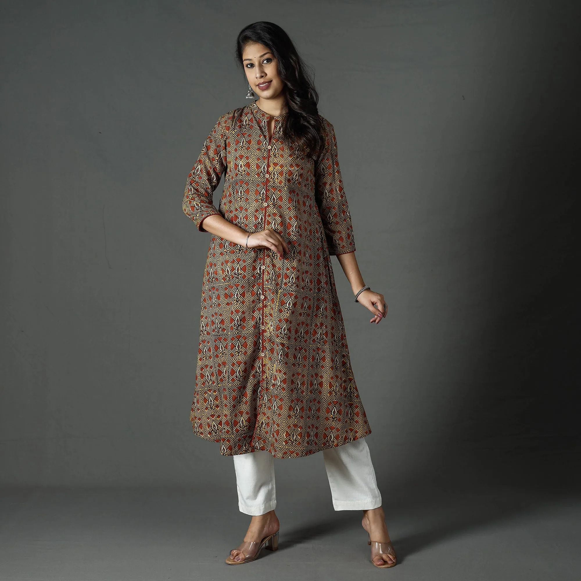 Brown - Pipad Block Printed Cotton A-Line Long Kurta sold by Itokri product image thumbnail 3