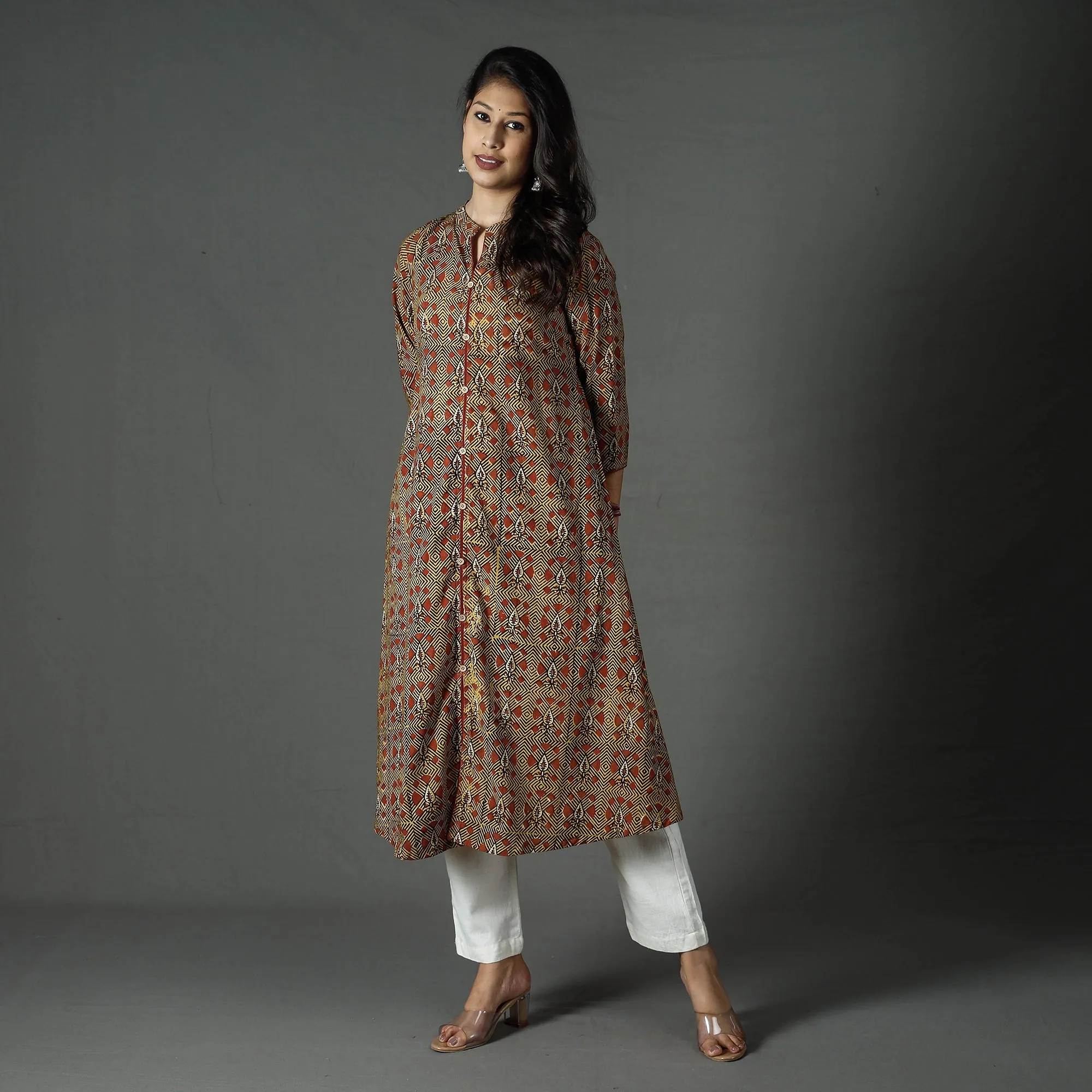 Brown - Pipad Block Printed Cotton A-Line Long Kurta sold by Itokri product image thumbnail 2