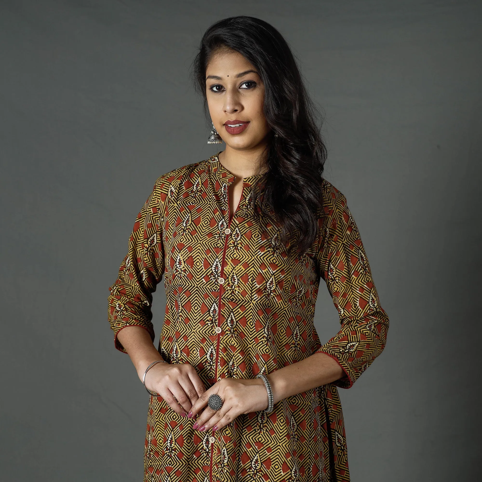 Brown - Pipad Block Printed Cotton A-Line Long Kurta sold by Itokri