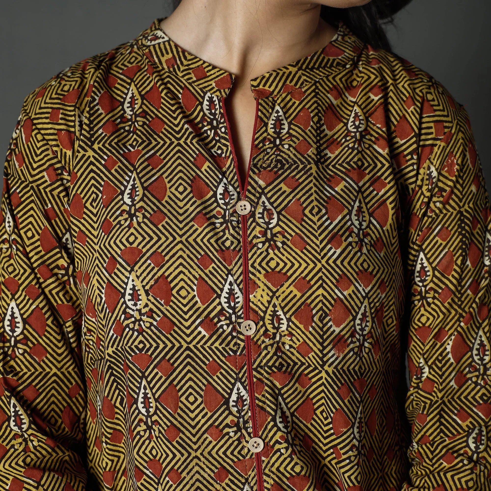 Brown - Pipad Block Printed Cotton A-Line Long Kurta sold by Itokri product image thumbnail 4