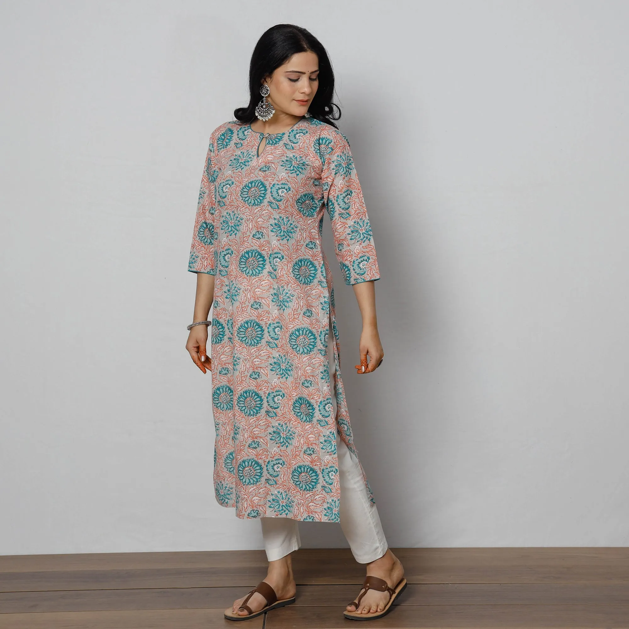 Grey - Sanganeri Block Printing Cotton Long Kurta sold by Itokri product image thumbnail 2