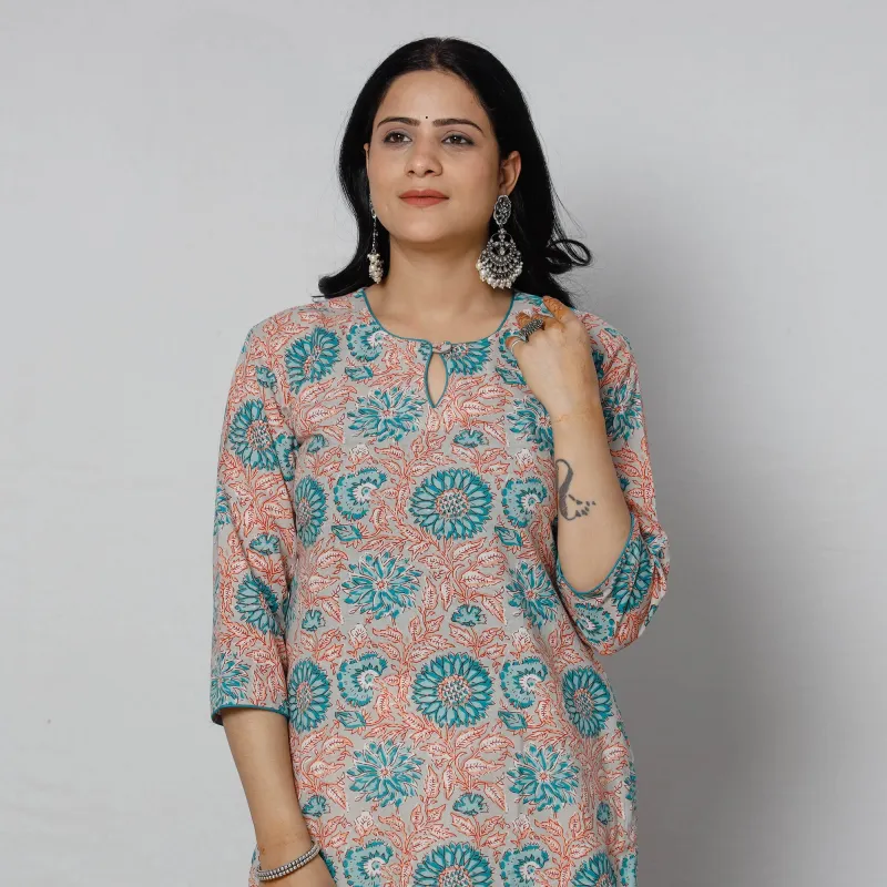 Grey - Sanganeri Block Printing Cotton Long Kurta sold by Itokri