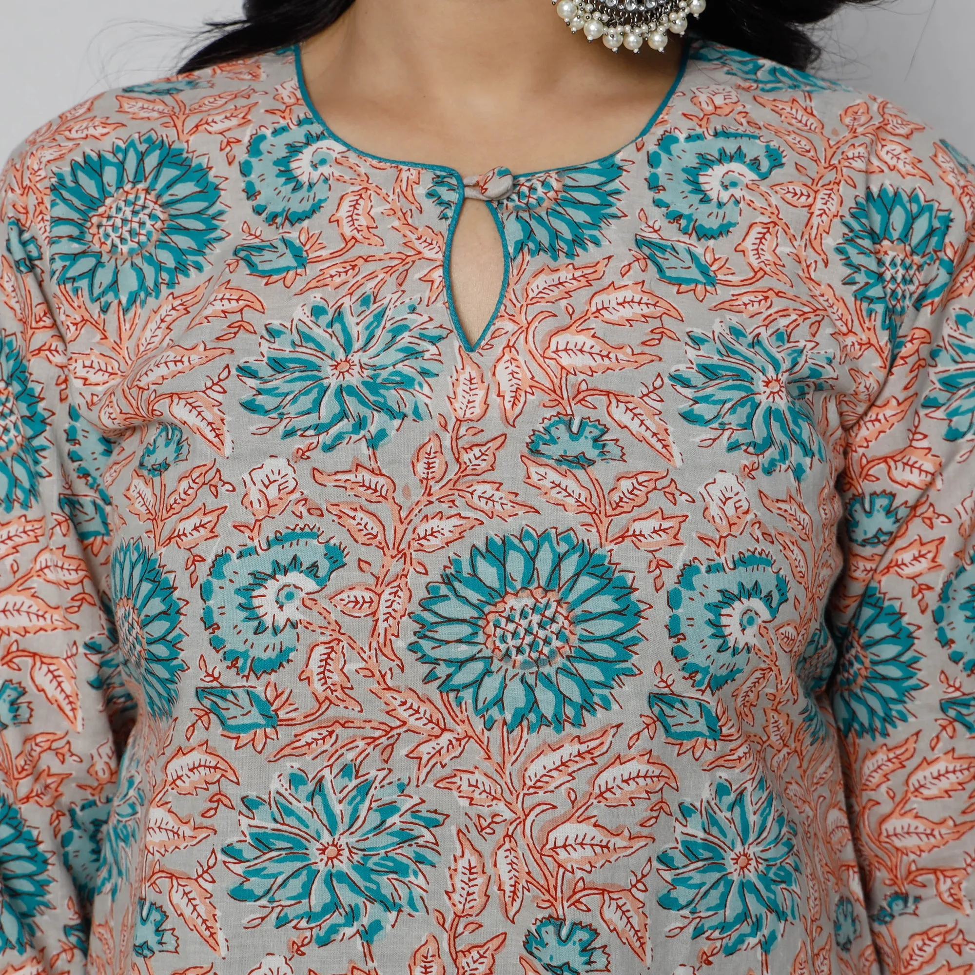 Grey - Sanganeri Block Printing Cotton Long Kurta sold by Itokri product image thumbnail 3