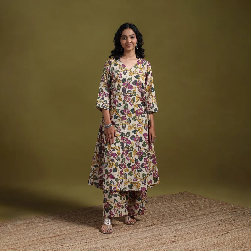 Beige - Kalamkari Printed Cotton 2pc Kurta Set for women 09 made by Itokri