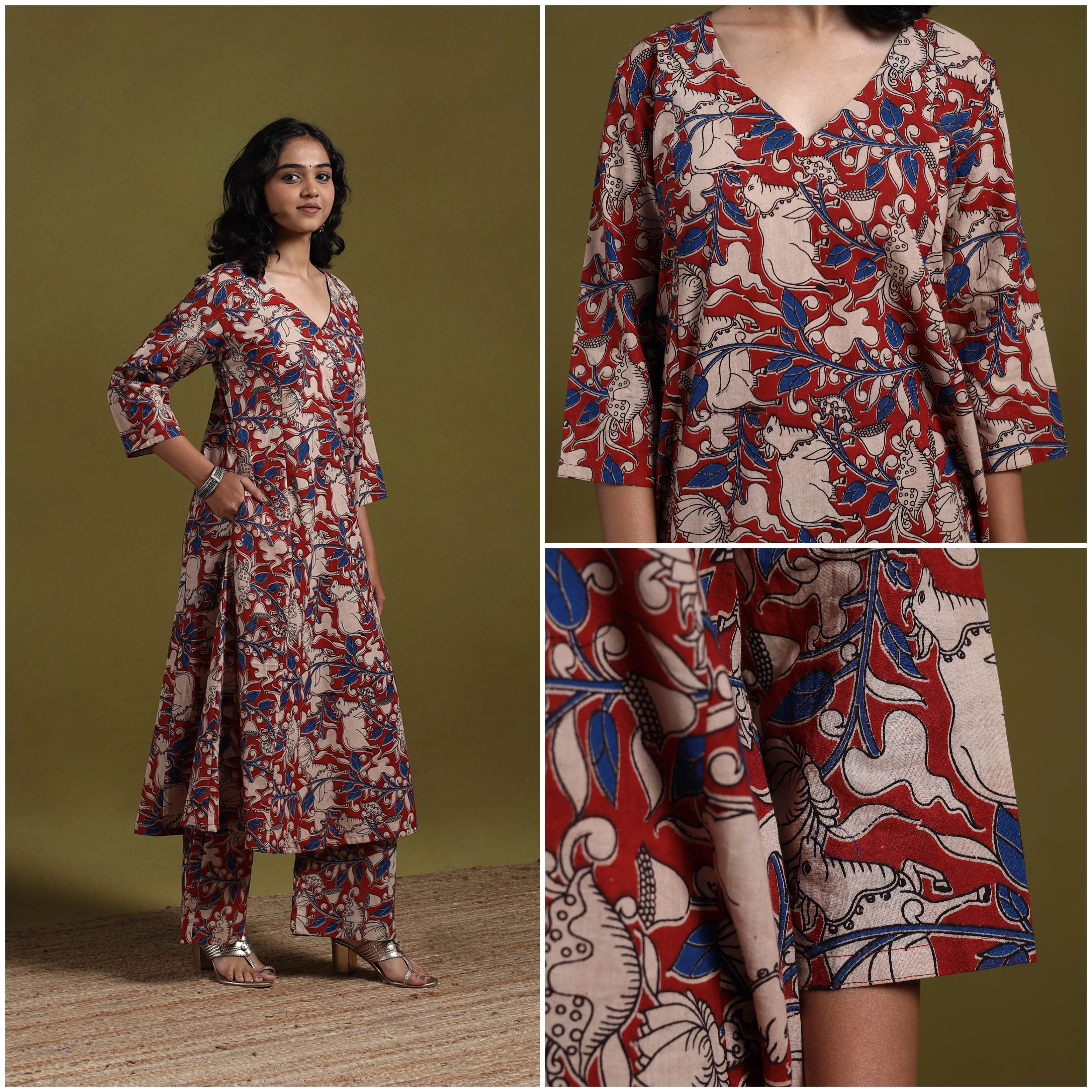 Red - Kalamkari Printed Cotton 2pc Kurta Set for women 08 sold by Itokri product image thumbnail 3