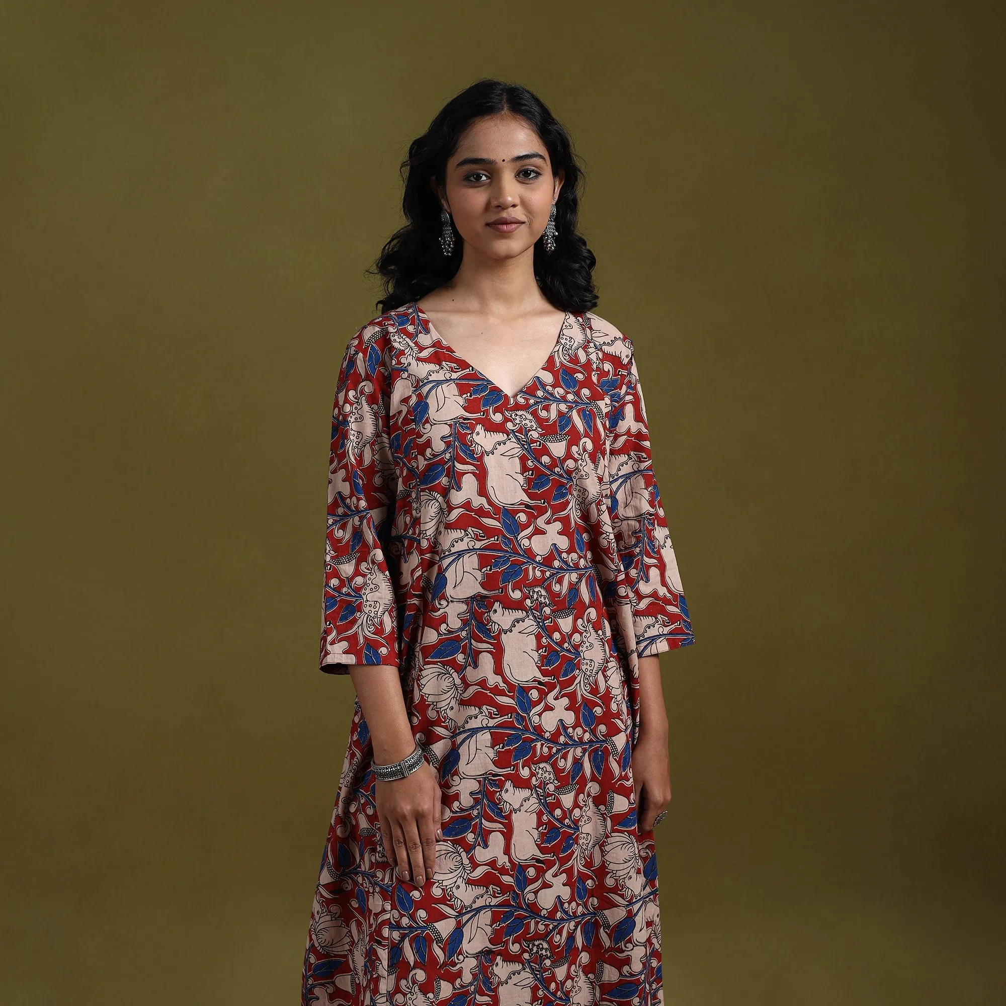 Red - Kalamkari Printed Cotton 2pc Kurta Set for women 08 sold by Itokri product image thumbnail 2