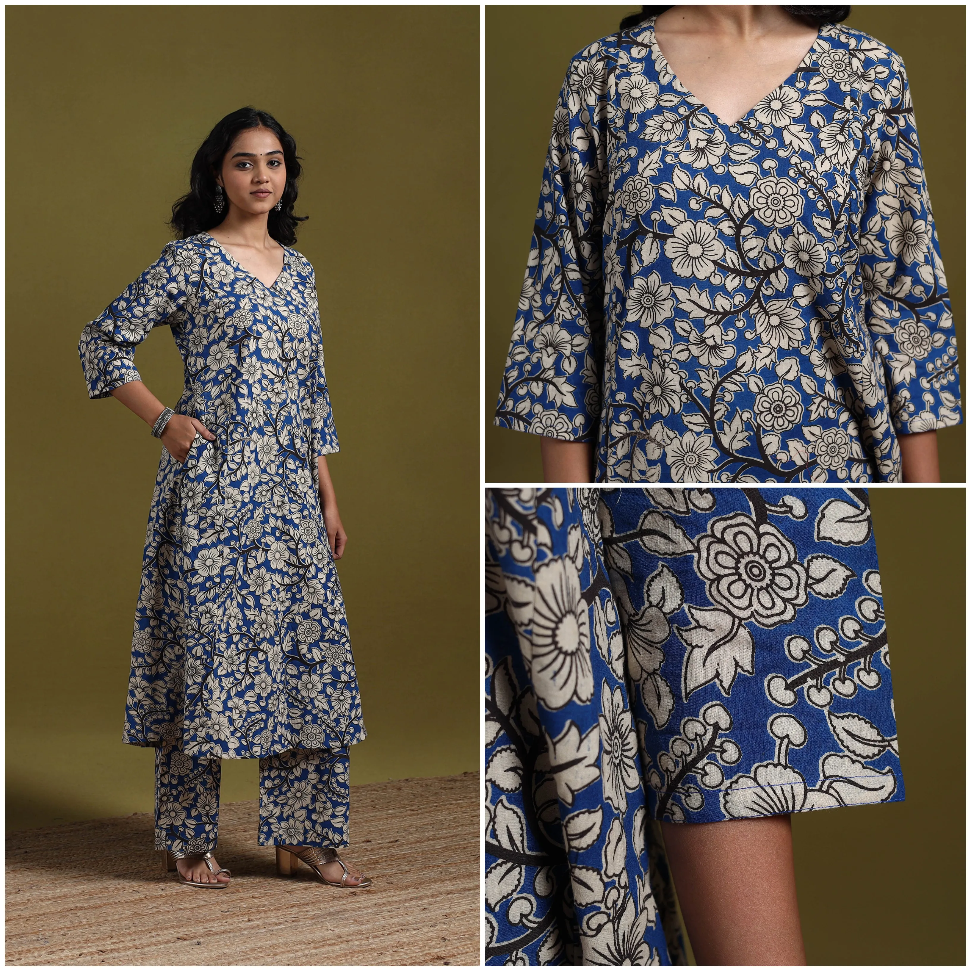 Blue - Kalamkari Printed Cotton 2pc Kurta Set for women 07 sold by Itokri product image thumbnail 3