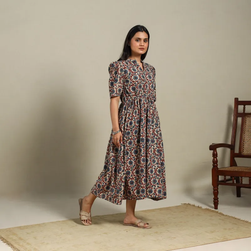 Beige - Natural Dyed Block Print Cotton Fit & Flare Ajrakh Dress 03 sold by Itokri