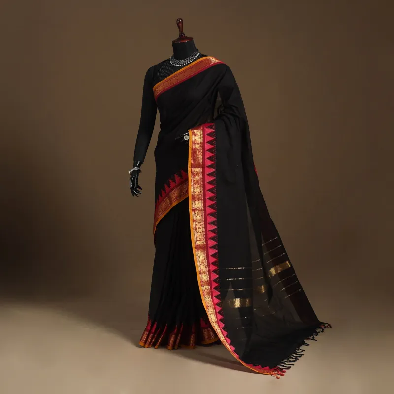 Black - Kandangi Chettinad Cotton Saree with Border 94 sold by Itokri