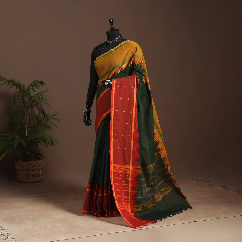 Green - Kandangi Buti Chettinad Cotton Saree with Border 44 sold by Itokri