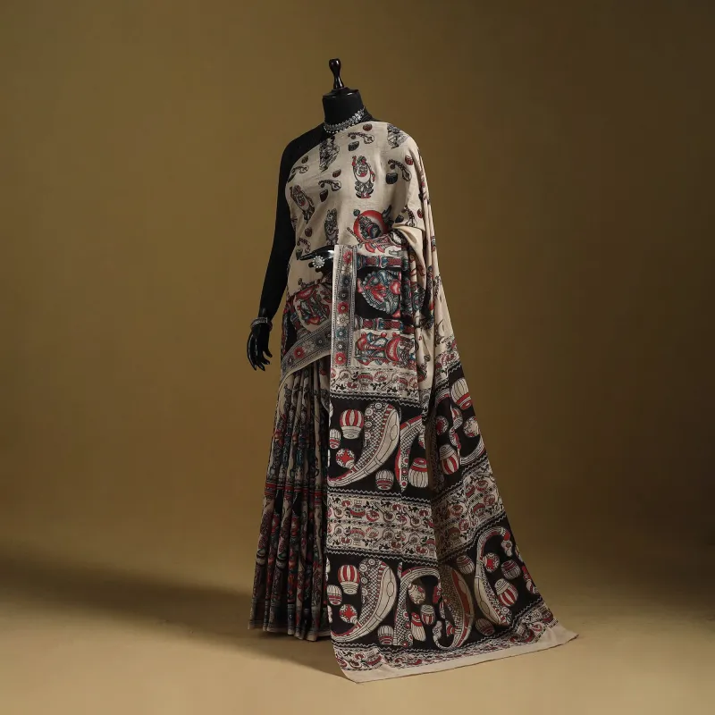 Beige - Printed Cotton Kalamkari Saree 30 sold by Itokri
