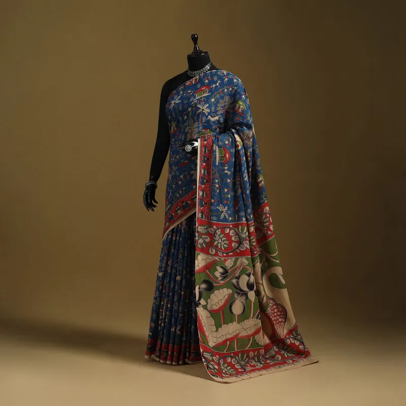 Blue - Printed Cotton Kalamkari Saree 24 sold by Itokri