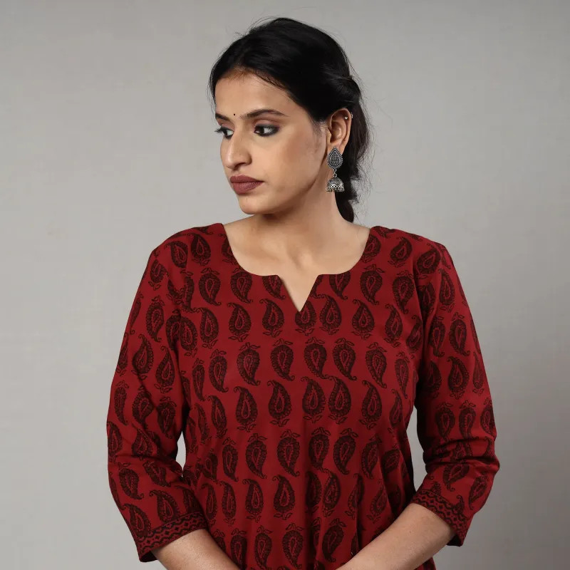 Dark Red - Block Print Cotton Straight Bagh Kurta made by Itokri