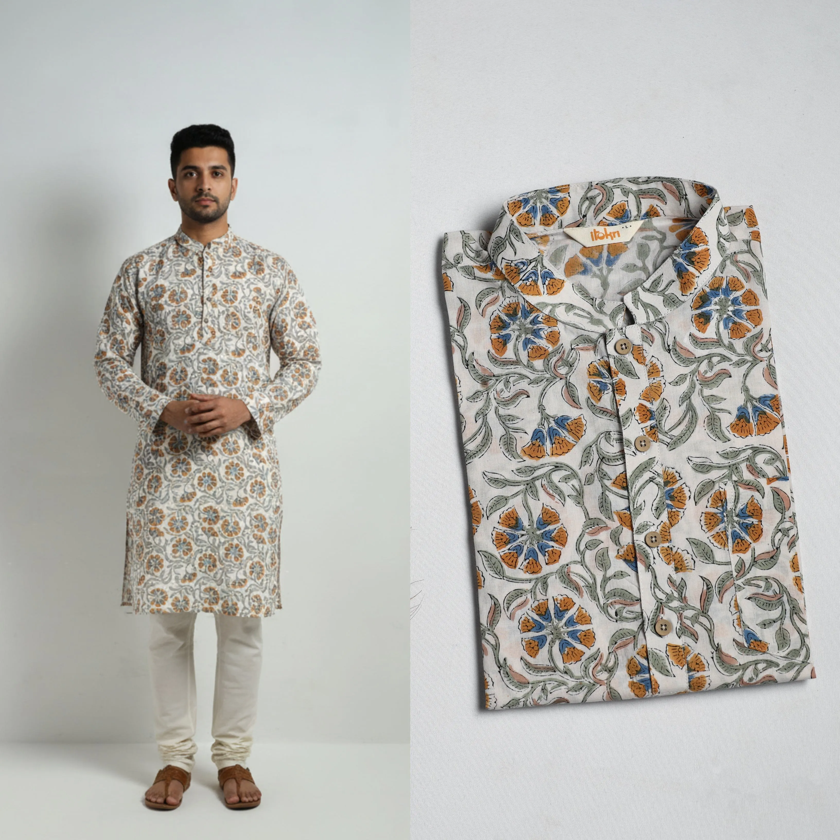 White - Sanganeri Block Print Cotton Short Kurta for Men 05 sold by Itokri product image thumbnail 2