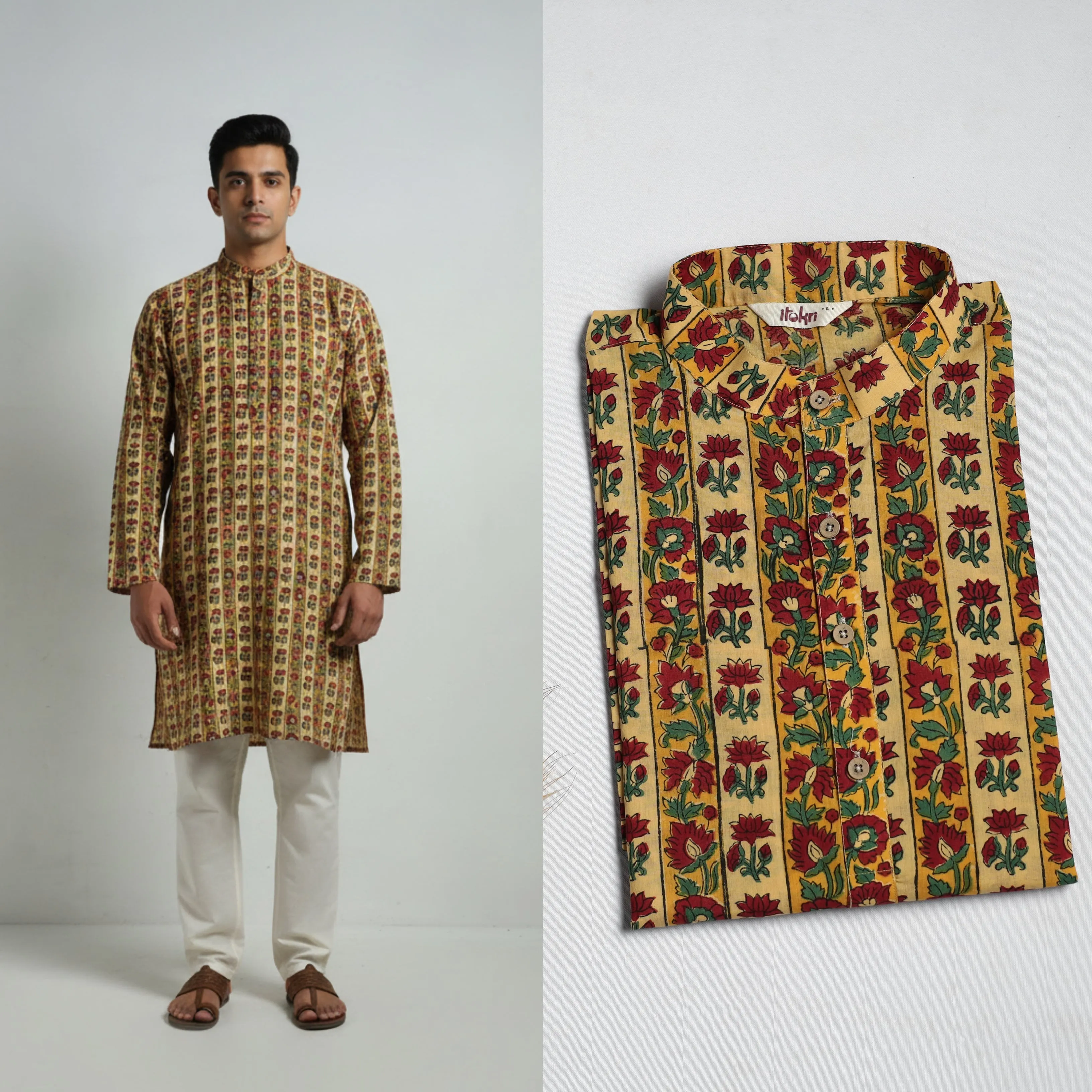 Yellow - Sanganeri Block Print Cotton Long Kurta for Men 10 sold by Itokri product image thumbnail 2