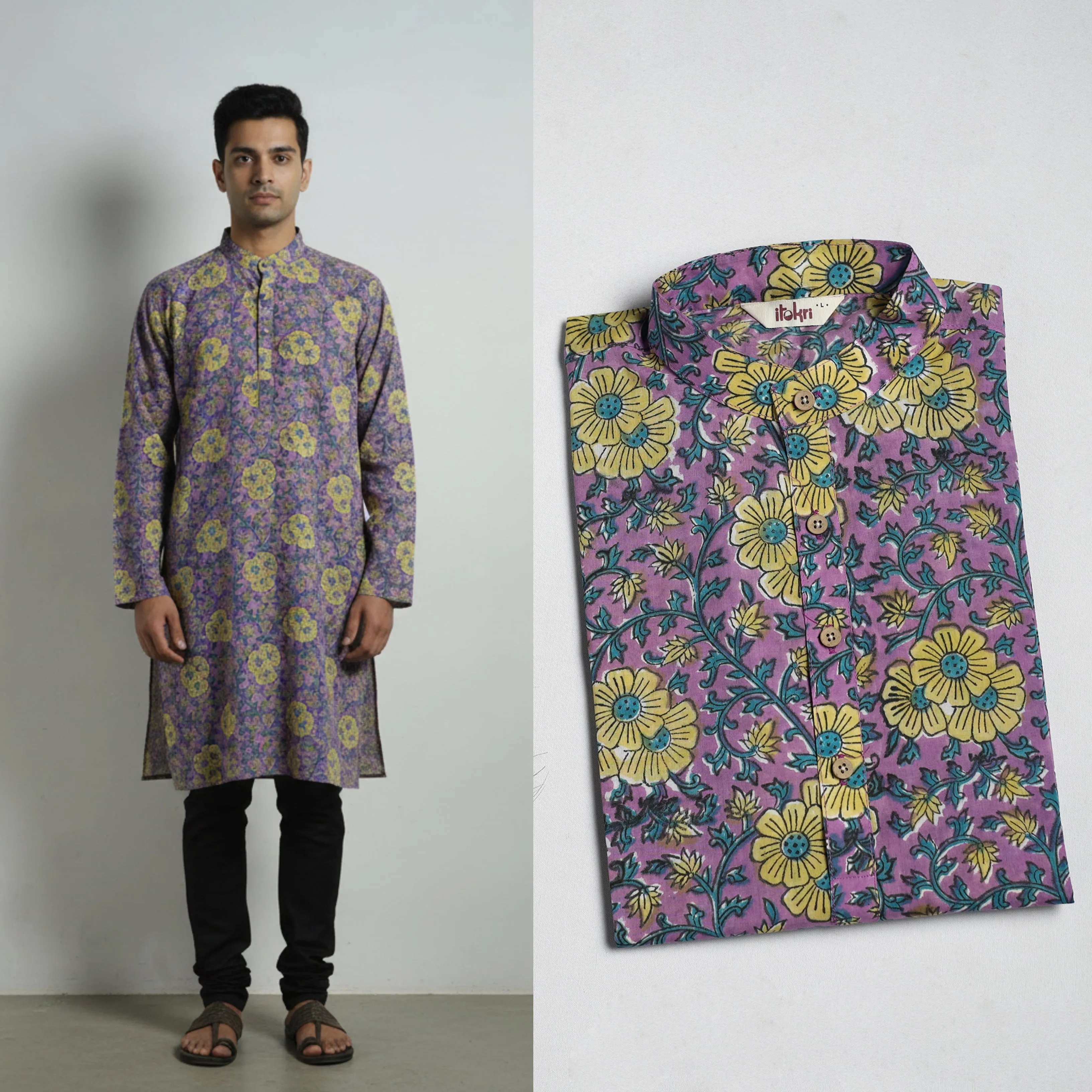Purple - Sanganeri Block Print Cotton Long Kurta for Men 11 sold by Itokri product image thumbnail 2