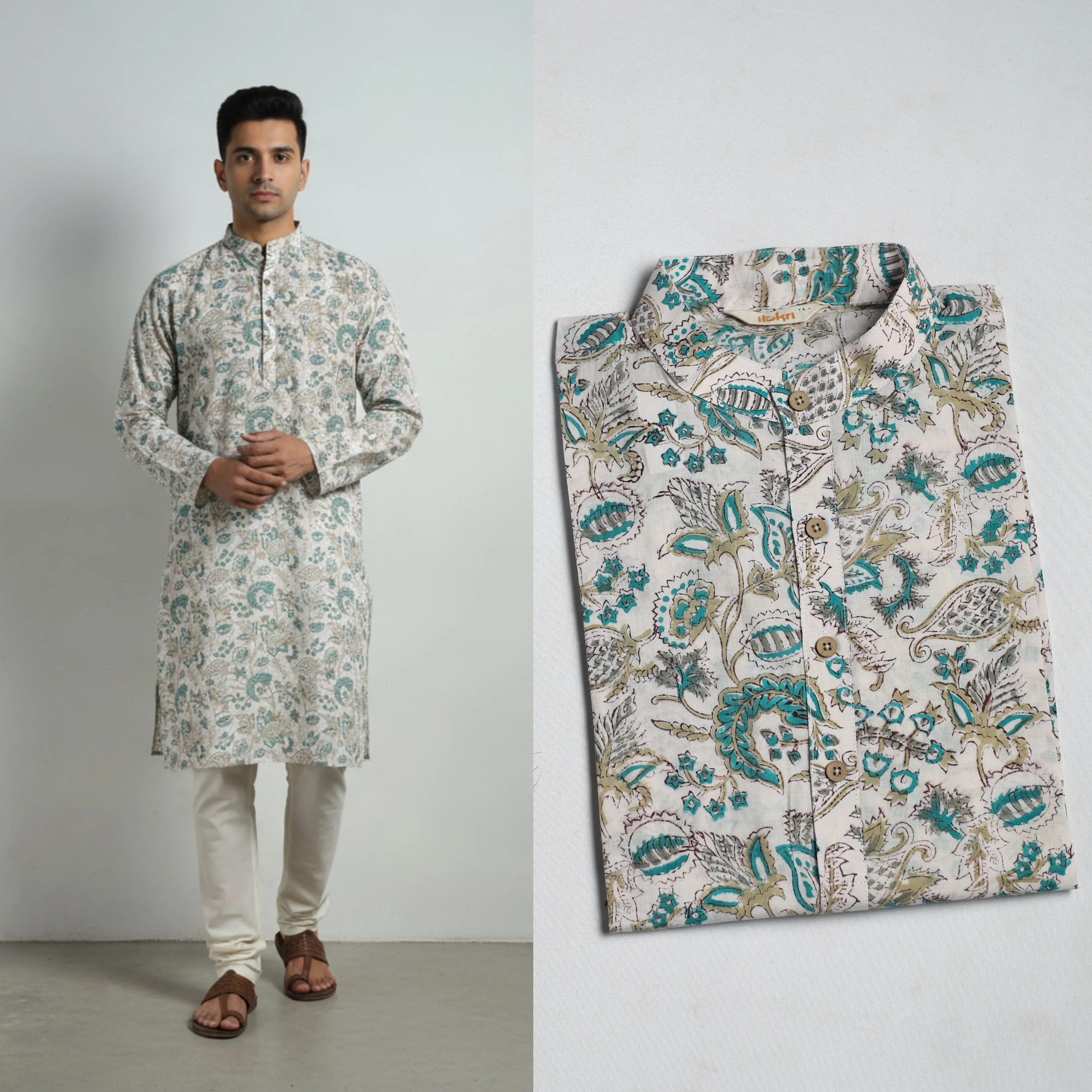 White - Sanganeri Block Print Cotton Long Kurta for Men 15 sold by Itokri product image thumbnail 2