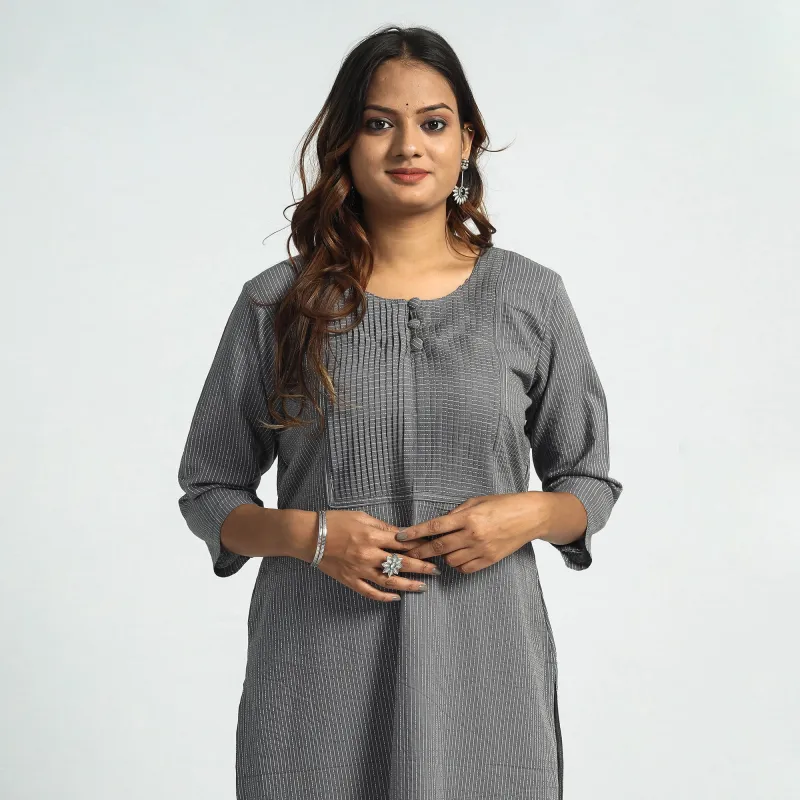 Grey - Plain Running Stitch Cotton Pintuck Long Straight Kurta made by Itokri