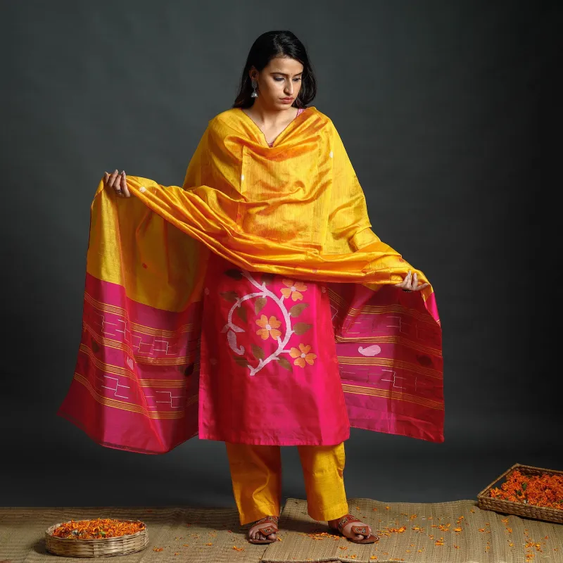 Pink & Yellow Phulia Jamdani Handloom Silk Cotton Kurta with Palazzo & Dupatta Set sold by Itokri