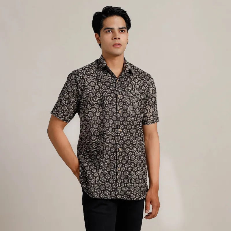 Black - Bagru Block Printed Cotton Men Half Sleeve Shirt 06 sold by Itokri