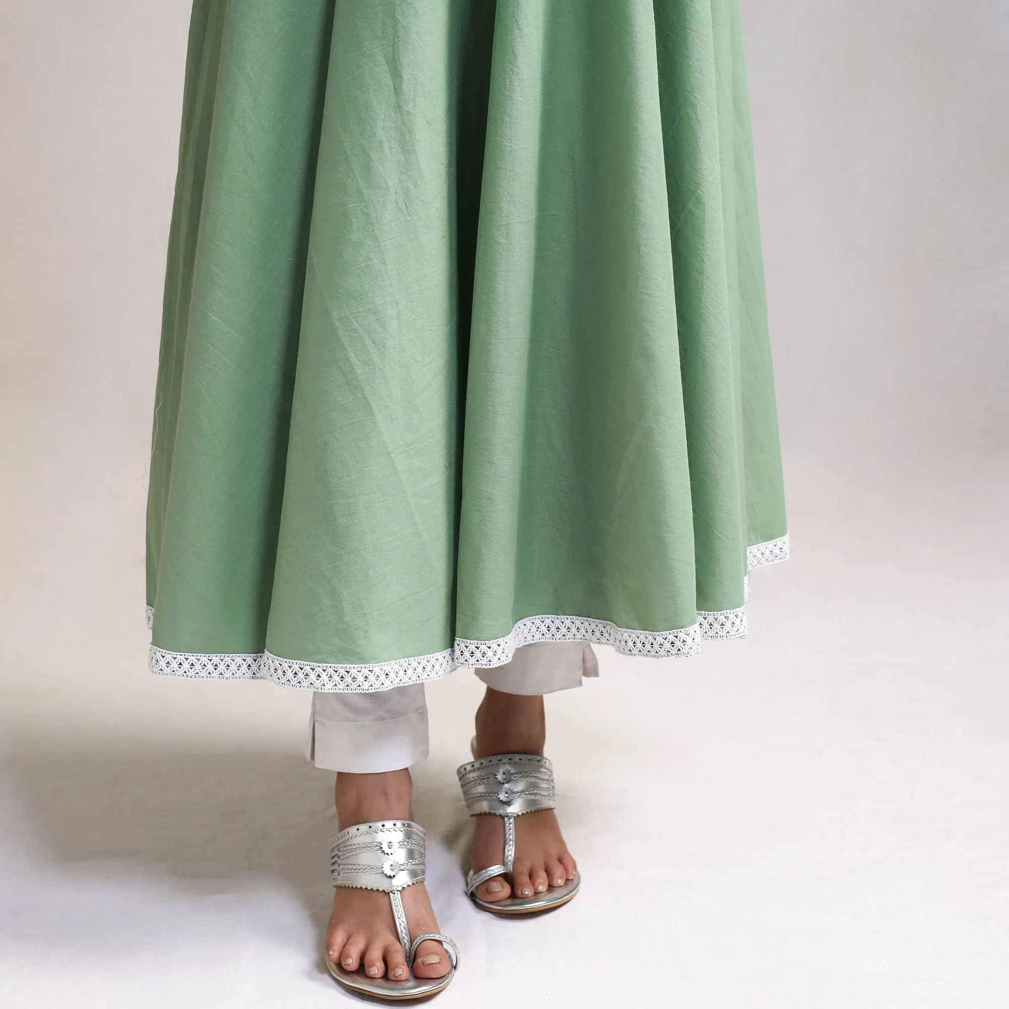 Green - Lace Work Plain Cotton Anarkali Kurta with Dupatta Set 03 sold by Itokri product image thumbnail 5
