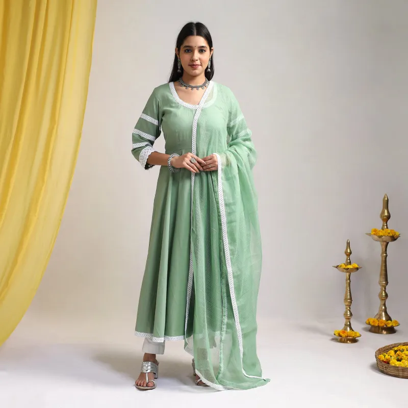 Green - Lace Work Plain Cotton Anarkali Kurta with Dupatta Set 03 sold by Itokri